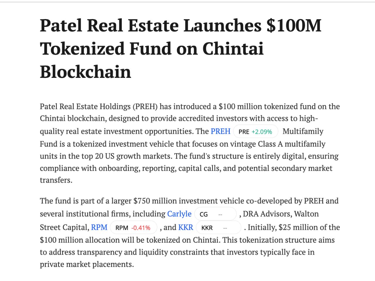 Patel Real Estate Launches $100M Tokenised Fund on Chintai Blockchain