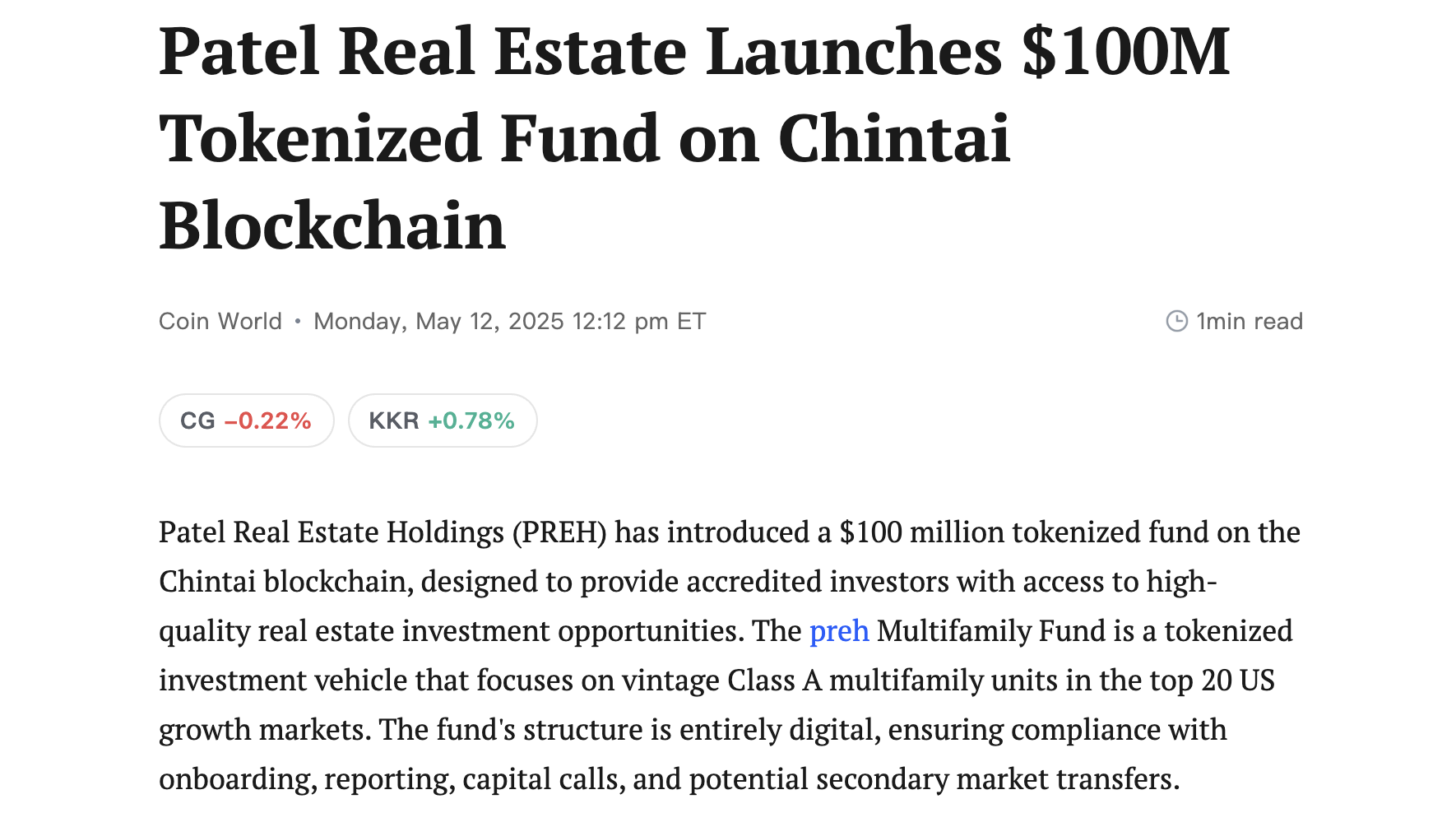 Patel Real Estate Launches $100M Tokenised Fund on Chintai Blockchain